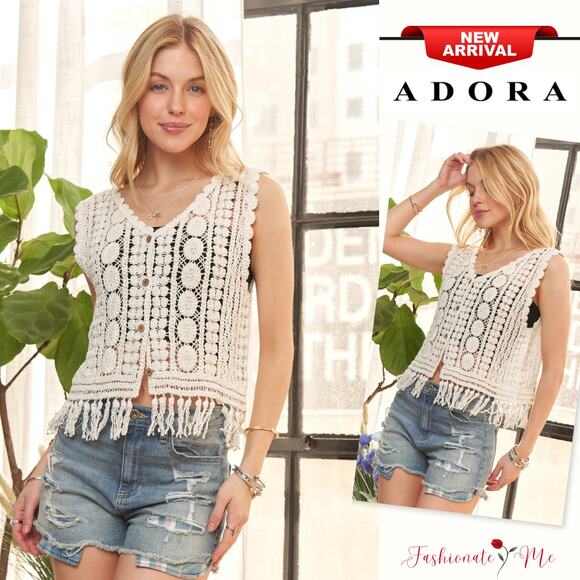ADORA Fringe Hem Openwork Sleeveless Button Down Crochet Vest Cardigan | Ivory - Picture 1 of 8